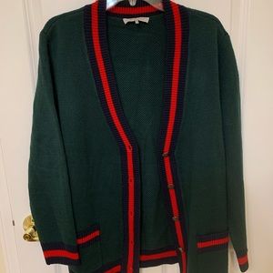 Hunter green, navy, and red cardigan